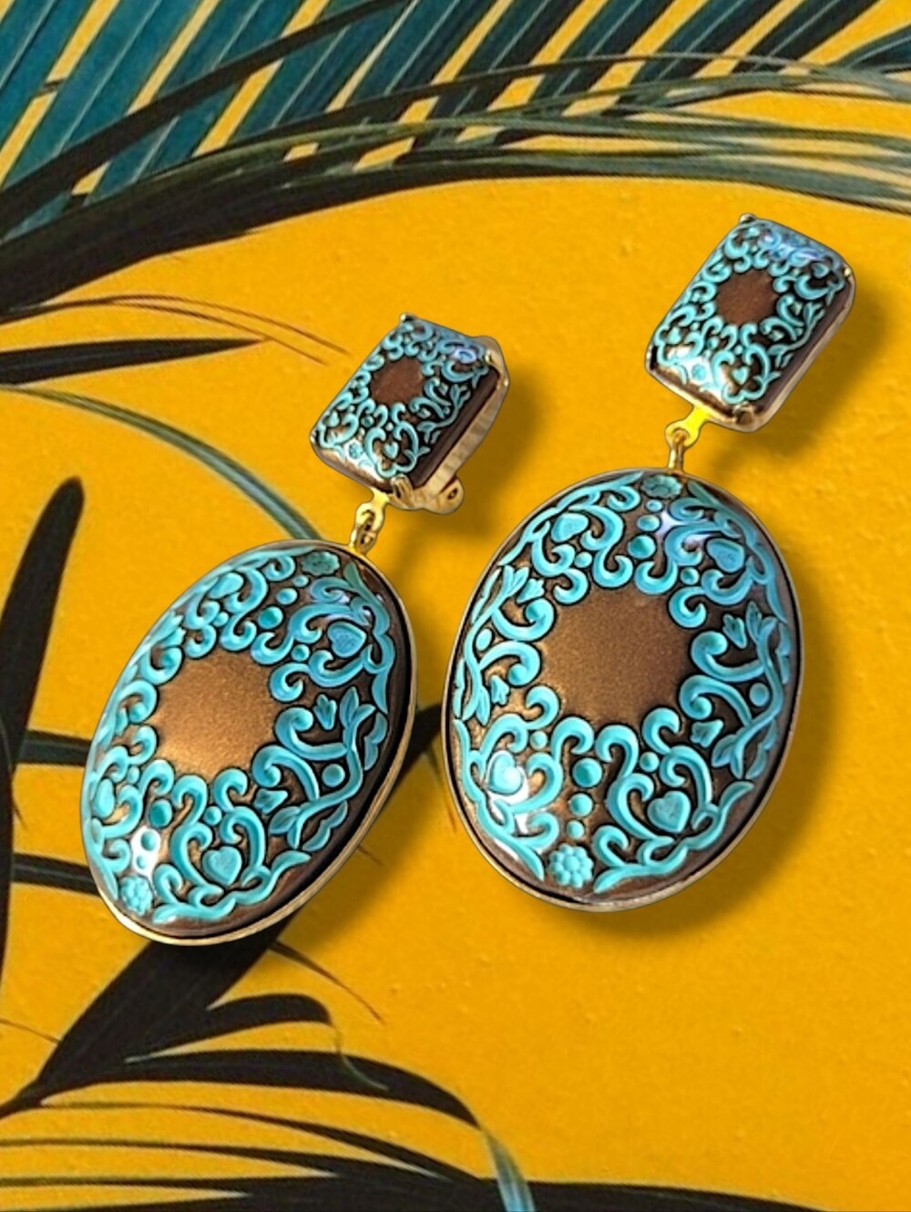 Turquoise Blue Enamel Ornate Oval Statement Drop Earrings